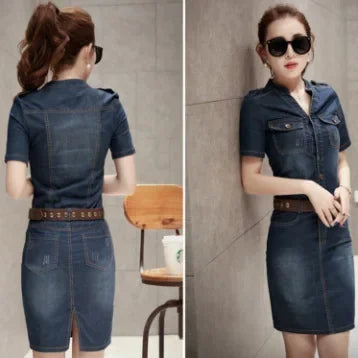Slimming Women's Denim Dress Medium Length Short Sleeves Smooth Silhouette